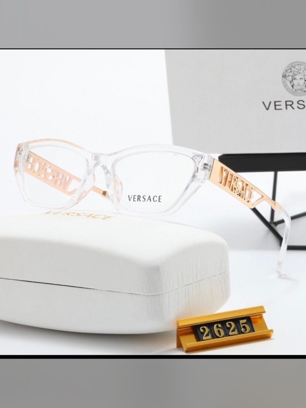 Versace Clear Frame Glasses with Rose Gold Logo Temples - Women's